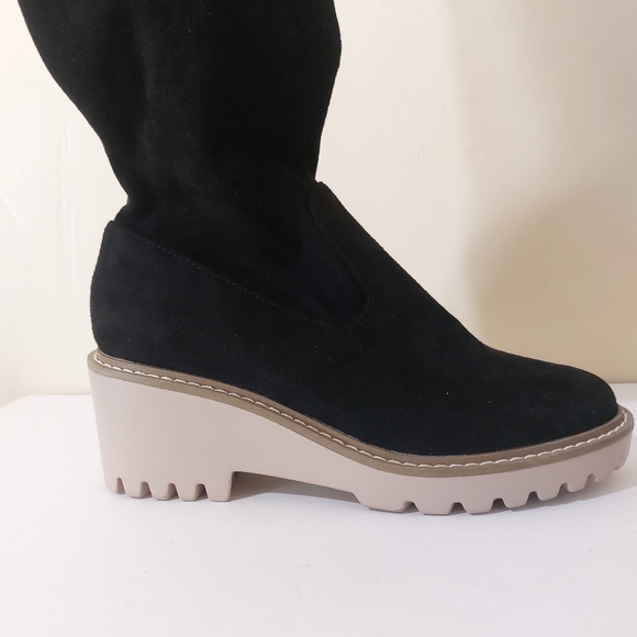 Nicole Miller Bass Black Vegan Leather Grunge Over The Knee Chunky Heeled Boot - Picture 8 of 13